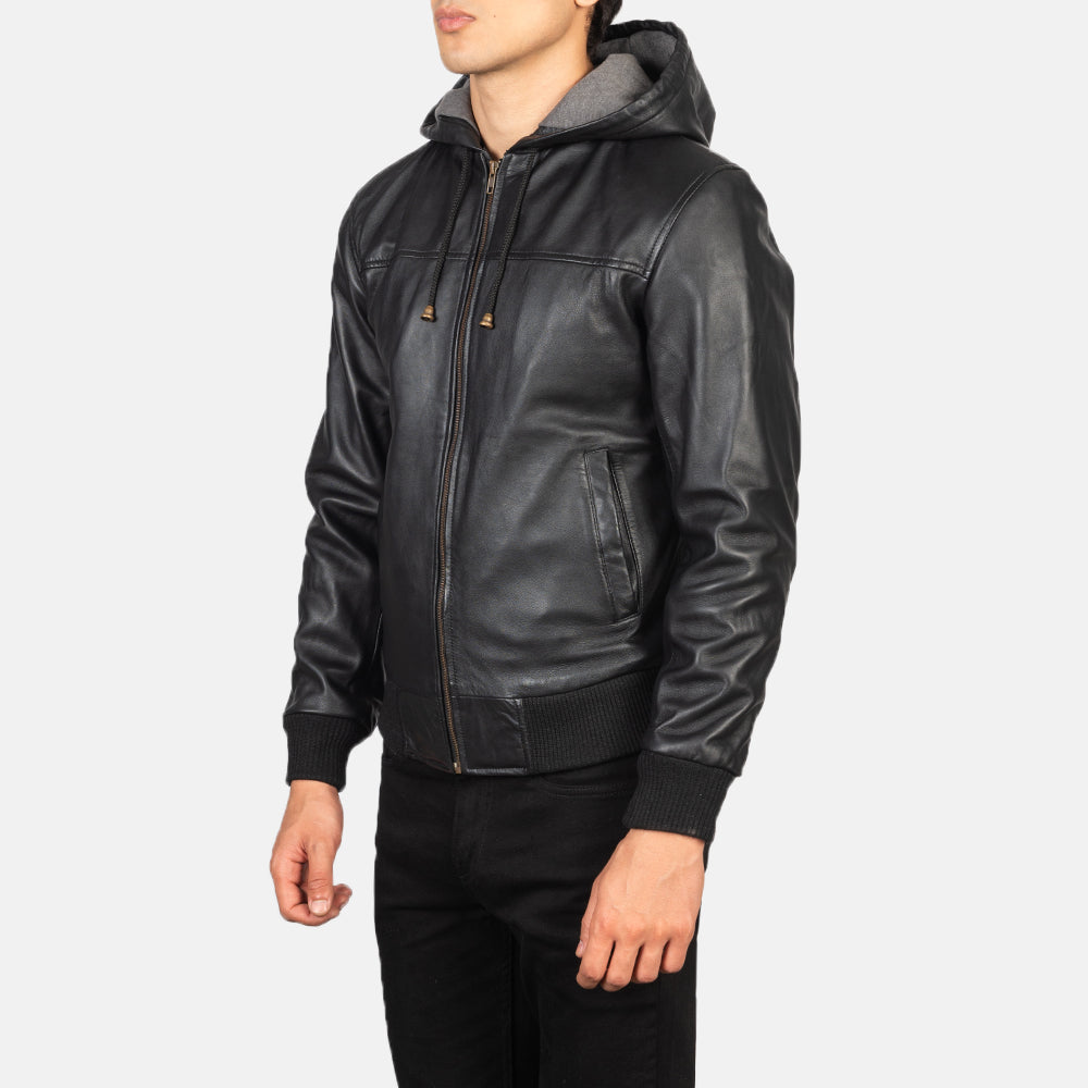 Black Sheepskin Leather Hooded Jacket - Rückansicht mit passgenauen Schultern &amp; sauberem Saum