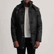 Nolan Black Snuffed Leather Duffle Coat in Distressed Black Sheepskin Snuffed - Vorderansicht &amp; maßgeschneiderte Silhouette | Online Kaufen