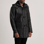 Distressed Black Sheepskin Snuffed Hooded Jacket - Rückansicht mit passgenauen Schultern &amp; sauberem Saum