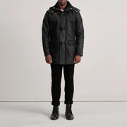 Nolan Black Snuffed Leather Duffle Coat - Seitenansicht mit ergonomischem Ärmelschnitt