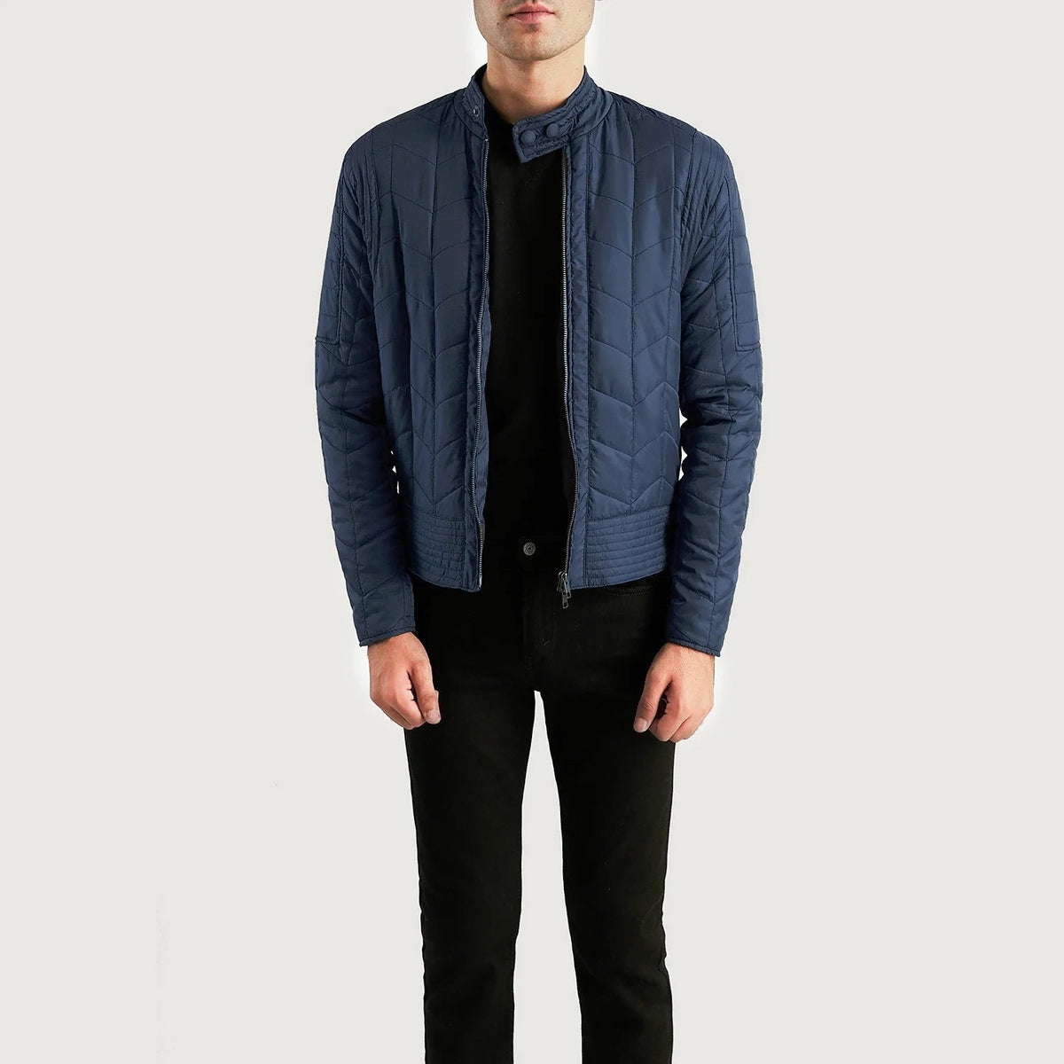 Men's Nyle Gesteppt Windbreaker Lederjacke für Herren in Navy Blue Nylon - Vorderansicht &amp; maßgeschneiderte Silhouette | Online Kaufen
