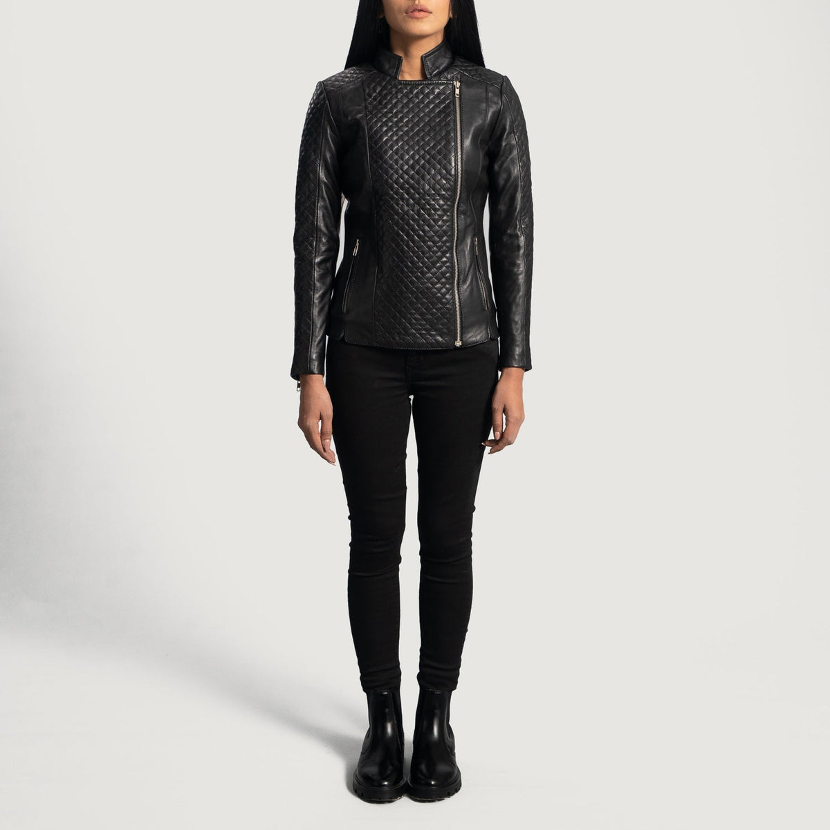 
Detailansicht of Band & Zipper Hardware on Orient Grain Gesteppt Schwarz Leder-Bikerjacke für Damen