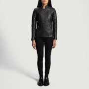 
Detailansicht of Band & Zipper Hardware on Orient Grain Gesteppt Schwarz Leder-Bikerjacke für Damen