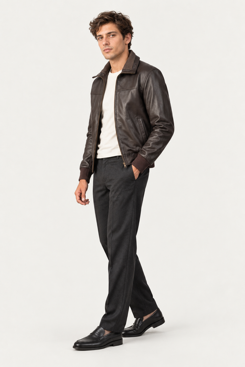 Orlaven Air Rolf dark brown leather bomber jacket on model, full length side view
