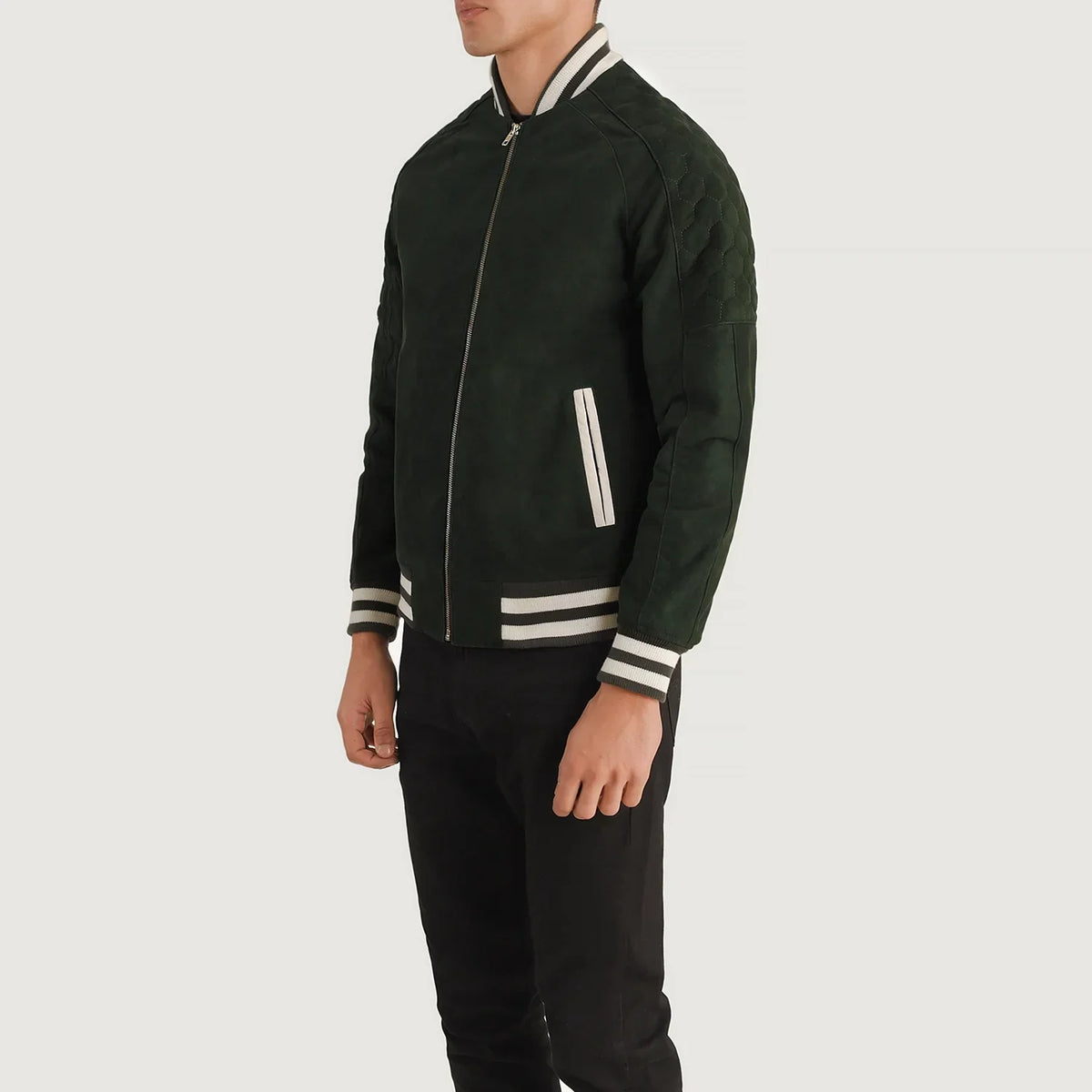Green Goatskin Suede Varsity Jacket - Rückansicht mit passgenauen Schultern &amp; sauberem Saum