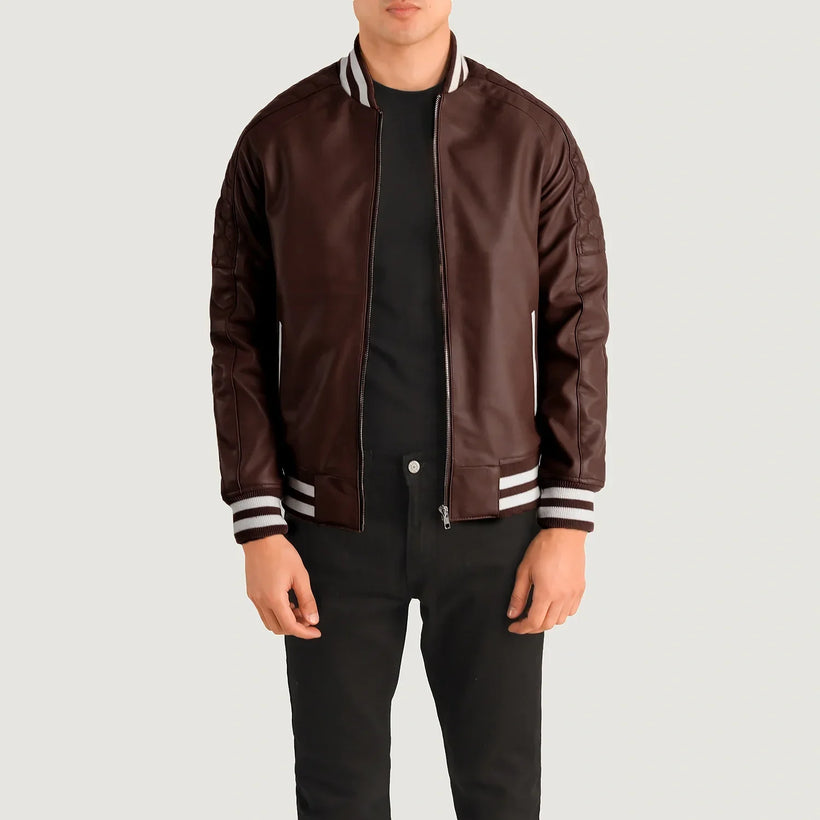 Pascal Kastanienbraun Leather Varsity Lederjacke für Herren