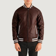 Detailansicht of Varsity collar &amp; Zipper Hardware on Pascal Kastanienbraun Leather Varsity Lederjacke für Herren