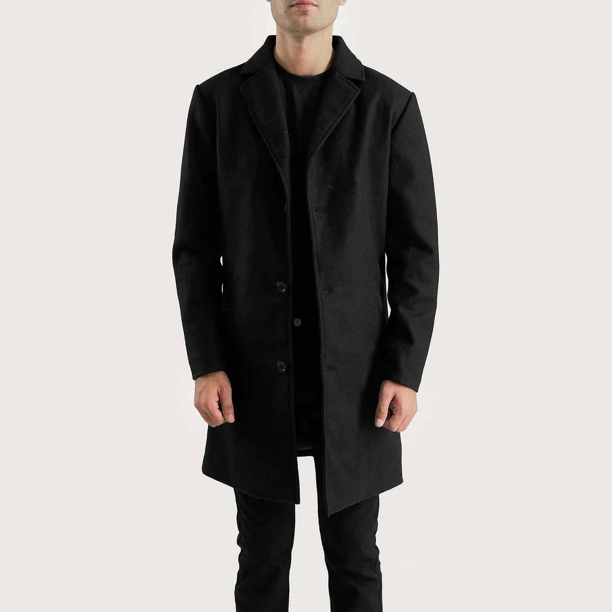 Petrillo Schwarz Wool Single Breasted Ledermantel für Herren in Black Synthetic Wool - Vorderansicht &amp; maßgeschneiderte Silhouette | Online Kaufen