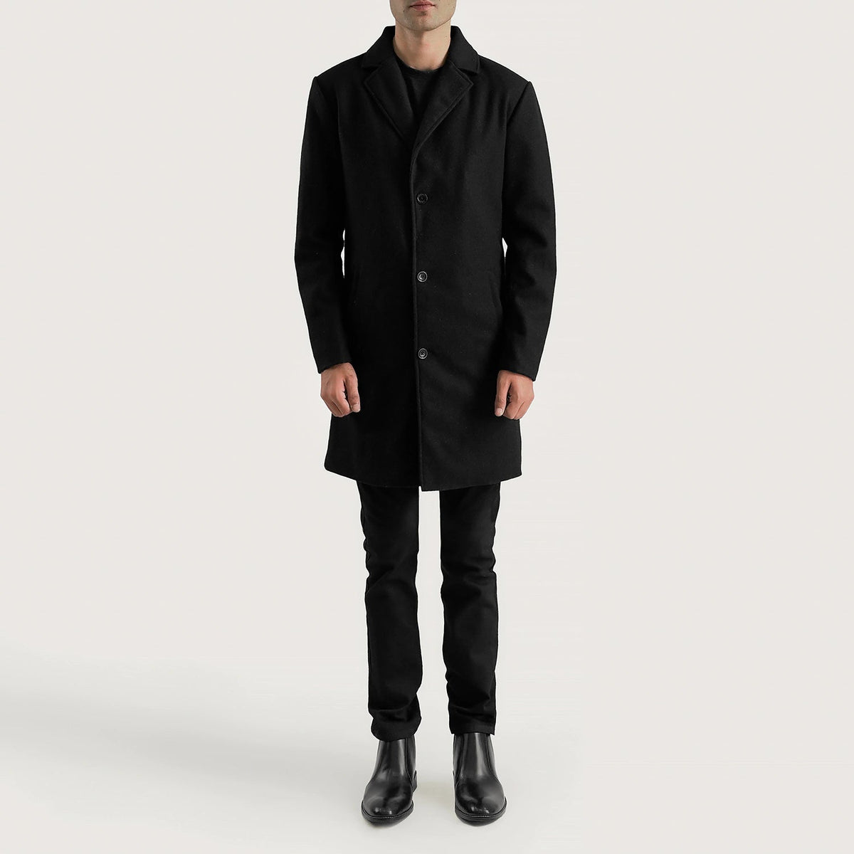 Petrillo Schwarz Wool Single Breasted Ledermantel für Herren - Seitenansicht mit ergonomischem Ärmelschnitt