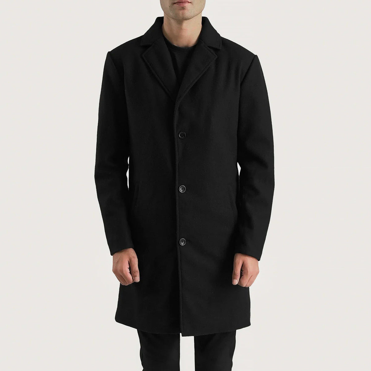 Detailansicht of Notch &amp; Button Hardware on Petrillo Schwarz Wool Single Breasted Ledermantel für Herren