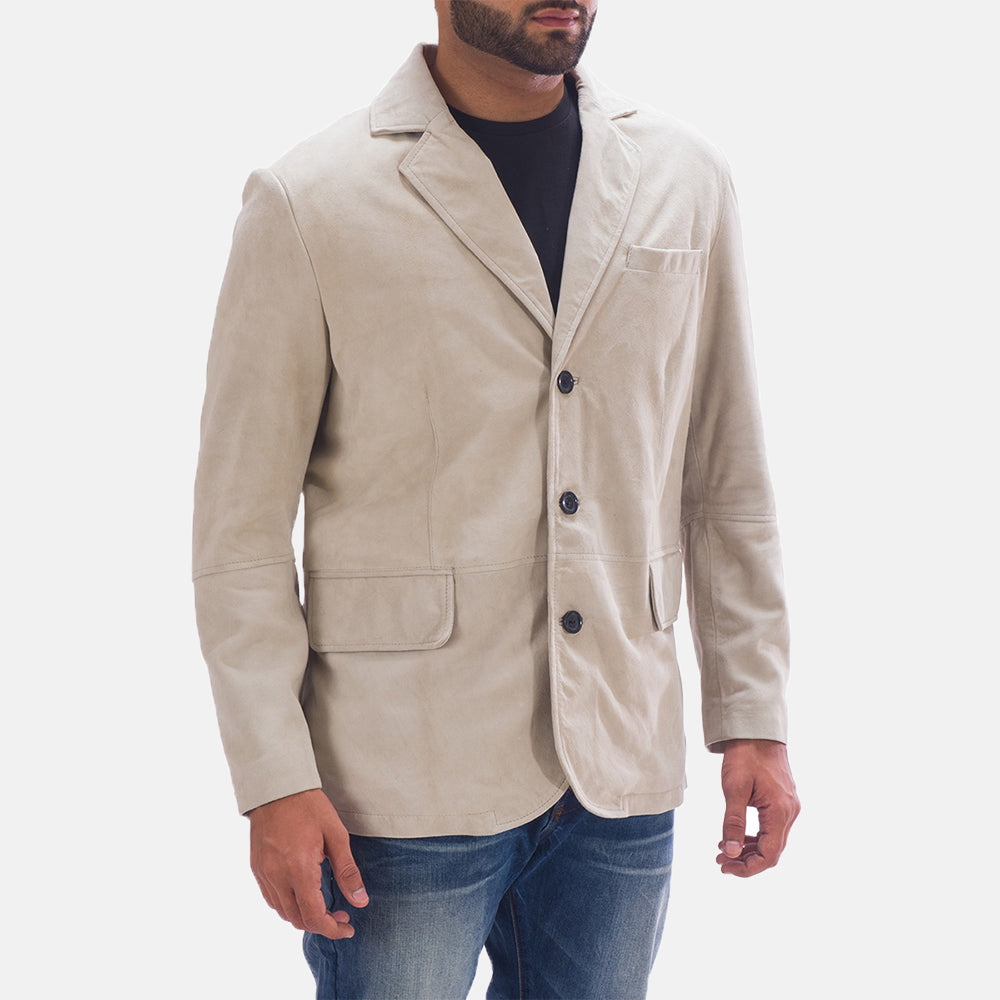 Off White (Greyish) Goatskin Suede Leather Blazer - Rückansicht mit passgenauen Schultern &amp; sauberem Saum