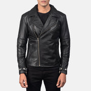 Close-Up Detail of Notch & Zipper Hardware on Men's Raiden Black Leather Biker Jacket