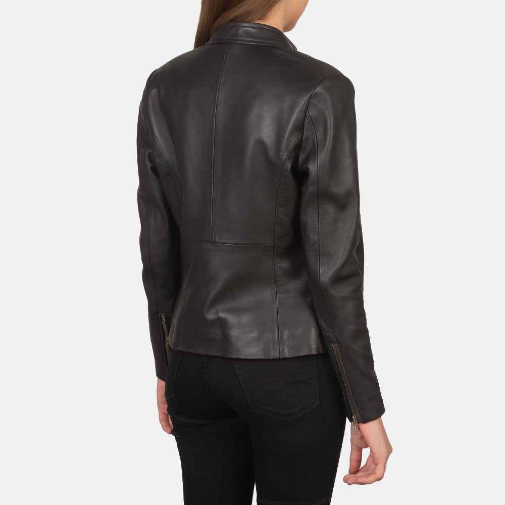 Detailansicht of Band with snap button &amp; Zipper Hardware on Women's Rave Brown Leather Biker Jacket