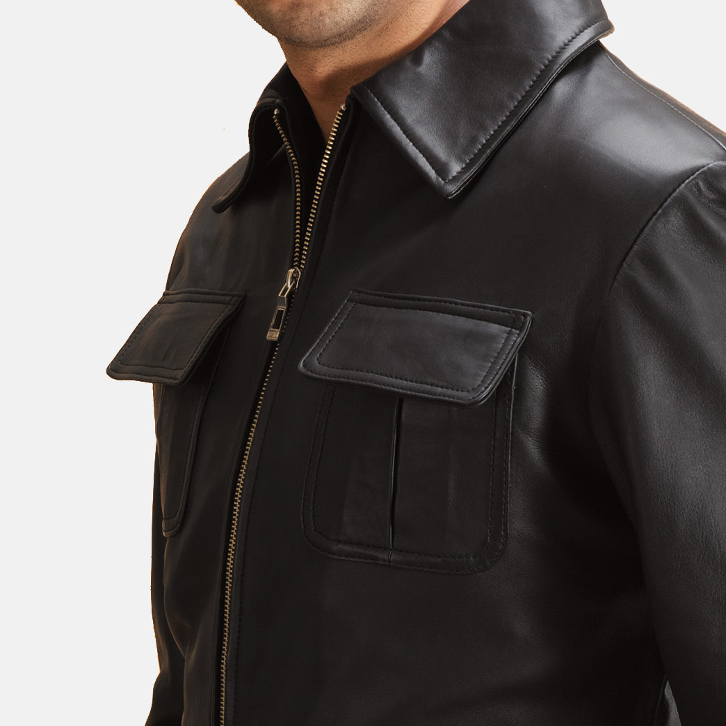 Detailansicht von Kragen &amp; Reißverschluss an Raven Schwarz Lederjacke für Herren