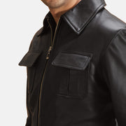 Detailansicht von Kragen &amp; Reißverschluss an Raven Schwarz Lederjacke für Herren