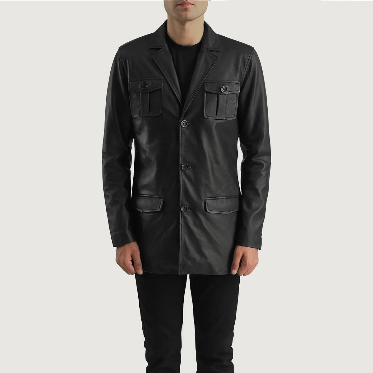 Detailansicht of Band &amp; Button Hardware on Ray Cutler Black Leather Blazer