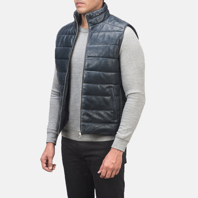 Blue Sheepskin leather Vest - Back View Showing Tailored Shoulder Fit & Clean Hemline