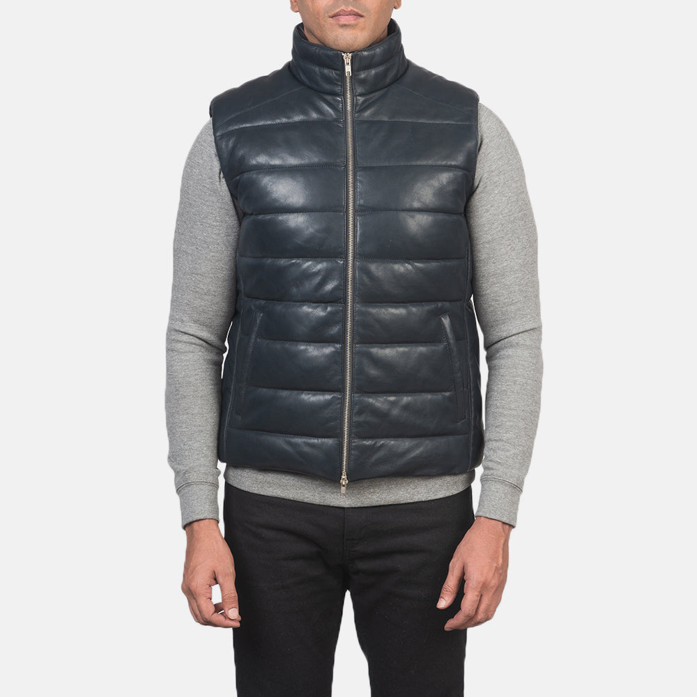 
Detailansicht of Classic Collar & Zipper with Dual Puller Hardware on Reeves Blau Leather Steppweste für Herren