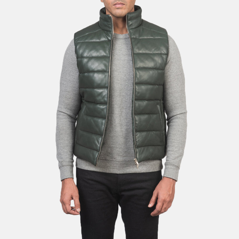 Men's Reeves Green Leather Puffer Vest in Green Sheepskin Leather - Front Profile View & Tailored Silhouette | Buy Online