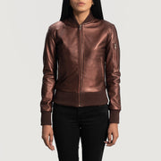 Women's Reida Kastanienbraun Leder-Bomberjacke für Damen in Maroon Sheepskin Leather - Vorderansicht &amp; maßgeschneiderte Silhouette | Online Kaufen