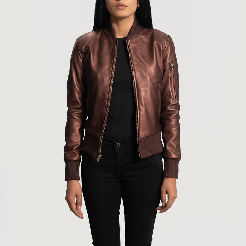 Reida Kastanienbraun Leder-Bomberjacke für Damen
