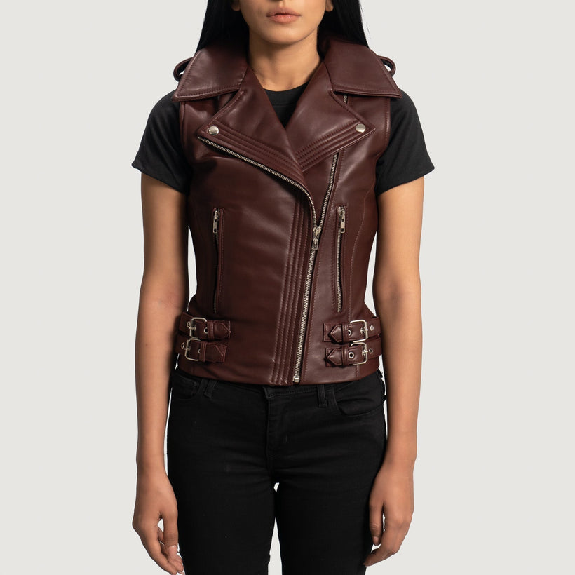 Rhonda Kastanienbraun Leather Biker Vest für Damen