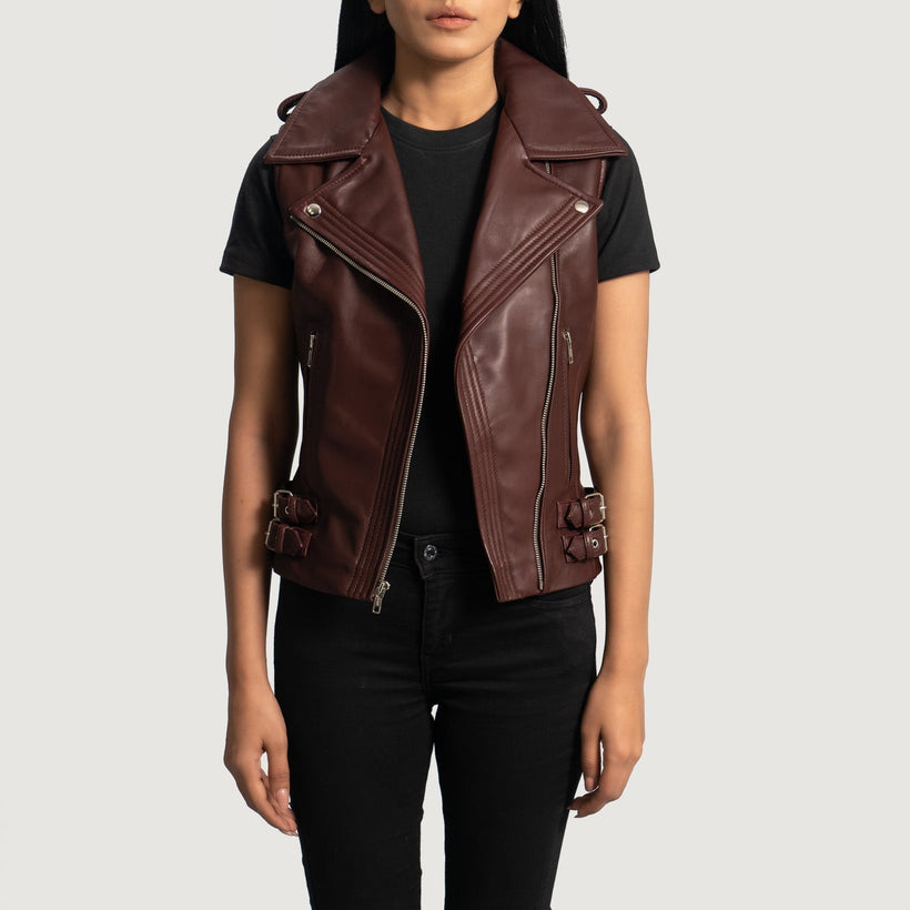 Rhonda Kastanienbraun Leather Biker Vest für Damen