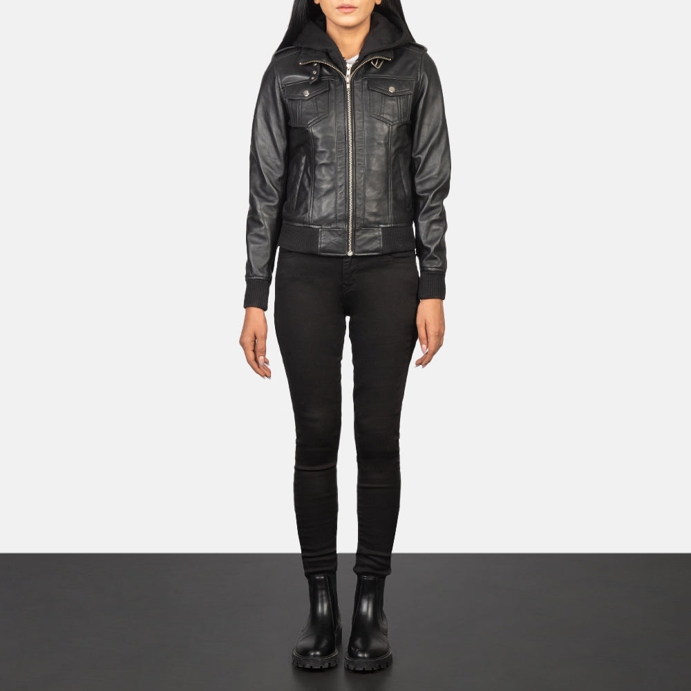 Roslyn Hooded Leder-Bomberjacke für Damen – Zusätzliche Produktansicht 3