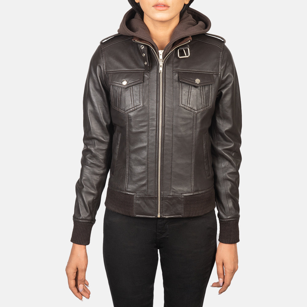 Detailansicht of High Neck with Belt &amp; Zipper Hardware on Women's Roslyn Brown Hooded Leather Bomber Jacket