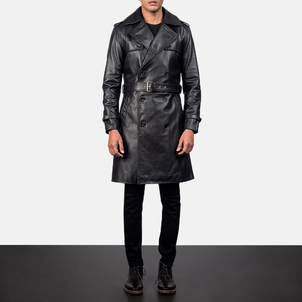 Men's Royson Schwarz Leather Duster Ledermantel für Herren in Black Cowhide Leather - Vorderansicht &amp; maßgeschneiderte Silhouette | Online Kaufen