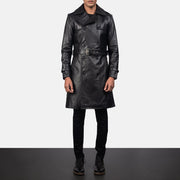 Detailansicht of Shirt &amp; Heavy-Duty Zipper Hardware on Men's Royson Schwarz Leather Duster Ledermantel für Herren