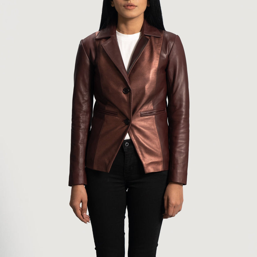 Ruby Metallic Kastanienbraun Lederblazer für Damen
