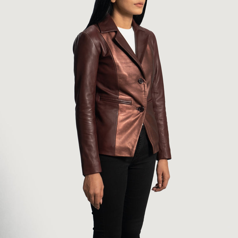 Ruby Metallic Kastanienbraun Lederblazer für Damen