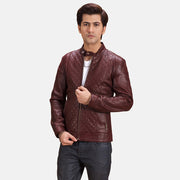Rumano Jae Kastanienbraun Leder-Bikerjacke für Herren in Maroon Sheepskin Leather - Vorderansicht &amp; maßgeschneiderte Silhouette | Online Kaufen