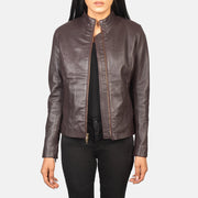 Women's Rumella Maroon Leather Biker Jacket in Maroon Sheepskin Leather - Vorderansicht &amp; maßgeschneiderte Silhouette | Online Kaufen