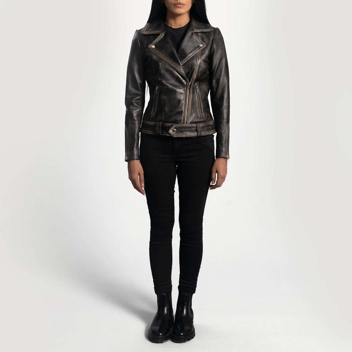 Rumy Kastanienbraun Leder-Bikerjacke für Damen – Zusätzliche Produktansicht 3