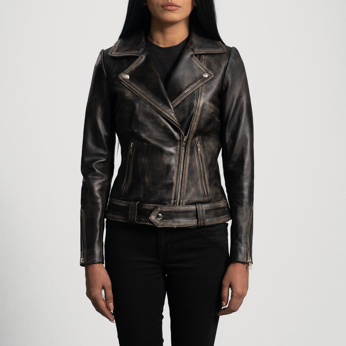 Rumy Kastanienbraun Leder-Bikerjacke für Damen – Zusätzliche Produktansicht 4