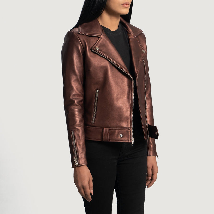 Rumy Kastanienbraun Leder-Bikerjacke für Damen