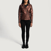 Detailansicht of Notch &amp; Zipper Hardware on Women's Rumy Maroon Leather Biker Jacket
