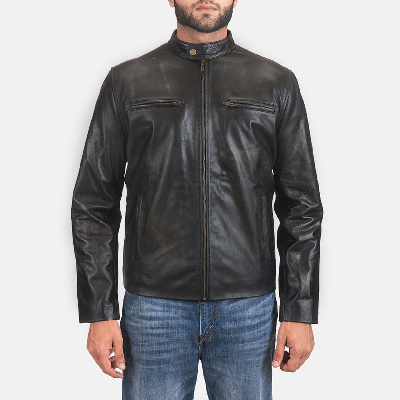 Rustic Black Leather Biker Jacket in Distressed Black Cowhide Leather - Front Profile View & Tailored Silhouette | Buy Online