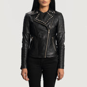 Women's Sally Mae Studded Schwarz Leder-Bikerjacke für Damen in Black Sheepskin Leather - Vorderansicht &amp; maßgeschneiderte Silhouette | Online Kaufen