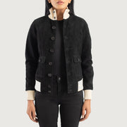 
Sasha A1 Black Suede Bomber Jacket in Black Goatskin Suede - Vorderansicht & maßgeschneiderte Silhouette | Online Kaufen