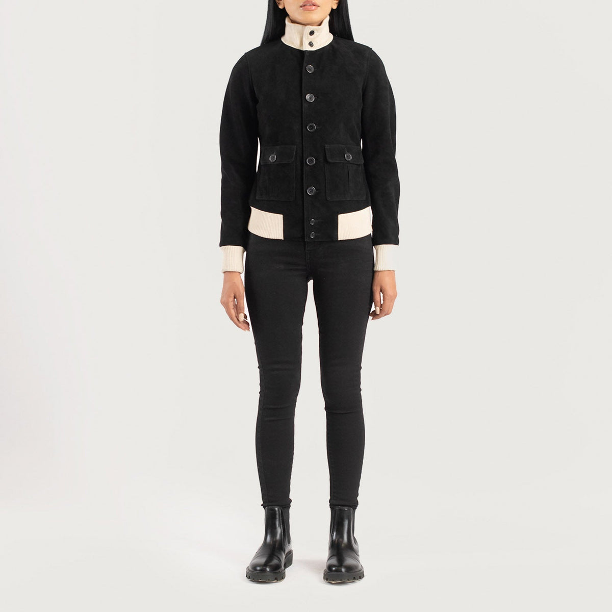 
Sasha A1 Black Suede Bomber Jacket - Seitenansicht mit ergonomischem Ärmelschnitt & sportlicher Passform