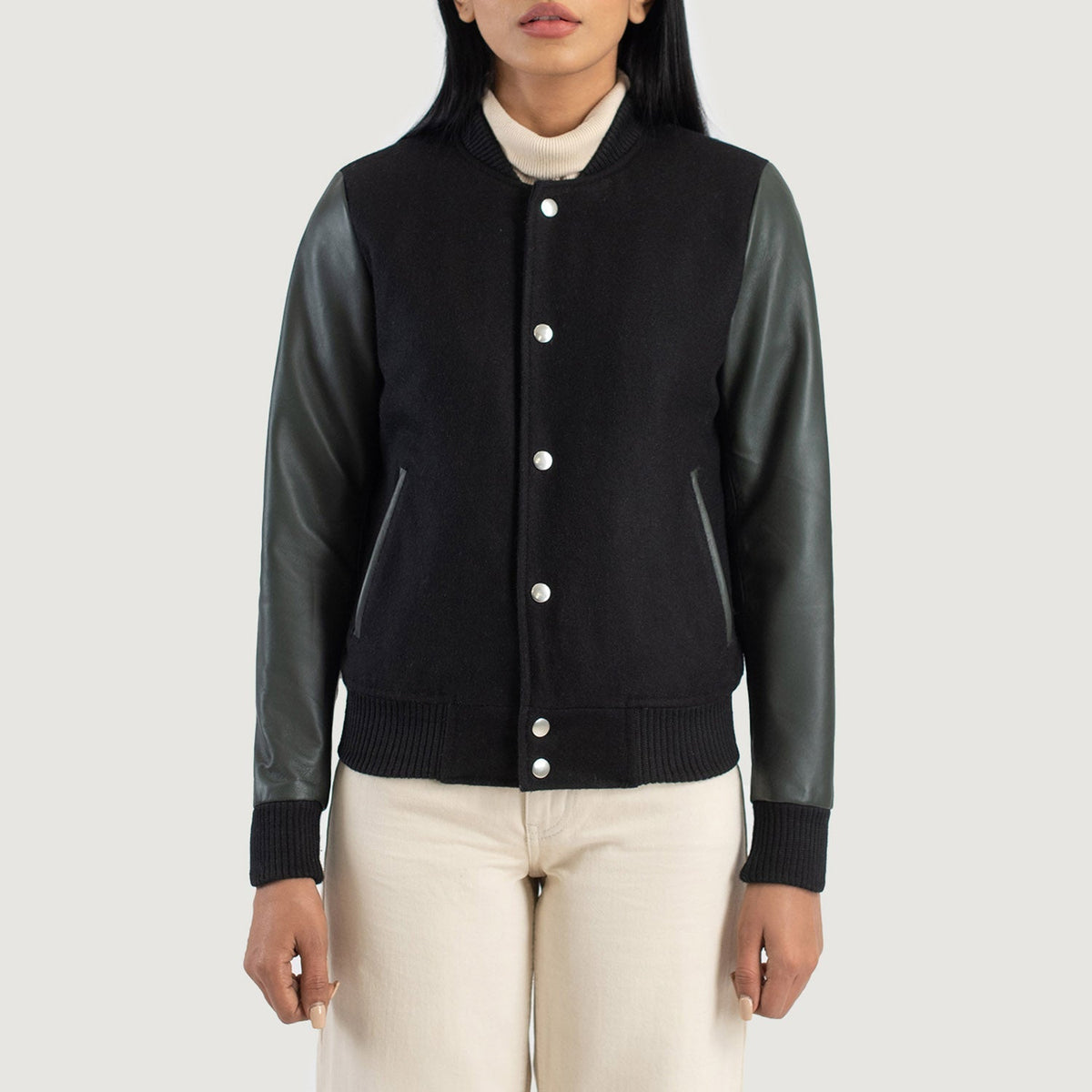 Detailansicht of Varsity &amp; Snap Buttons Hardware on Savant Green Hybrid Varsity Jacket