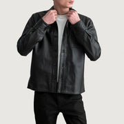 Scout Schwarz Leather Shirt für Herren in Black Sheepskin Leather - Vorderansicht &amp; maßgeschneiderte Silhouette | Online Kaufen