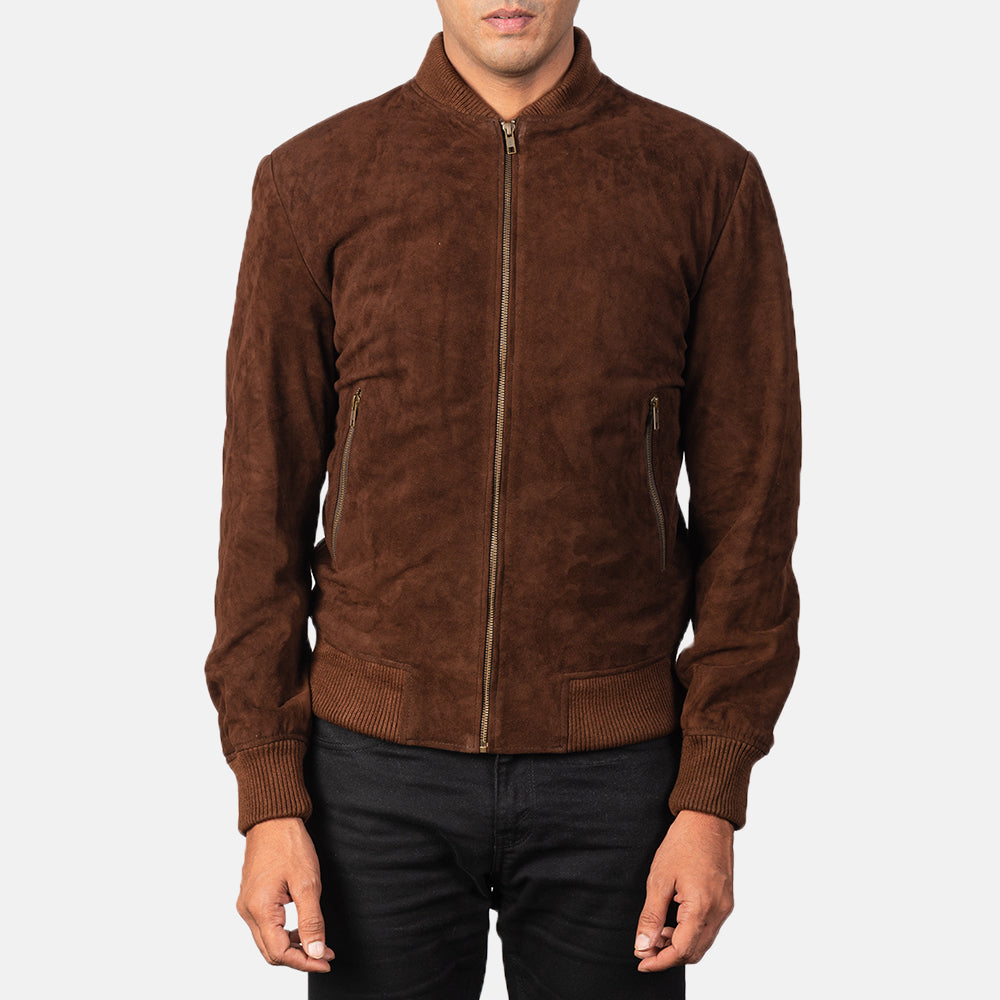 Detailansicht of Varsity &amp; Zipper Hardware on Men's Shane Dark Mocha Brown Suede Bomber Jacket