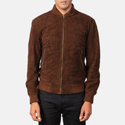 Detailansicht of Varsity &amp; Zipper Hardware on Men's Shane Dark Mocha Brown Suede Bomber Jacket