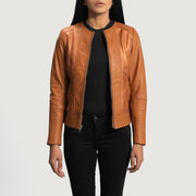 Women's Sleeky Clean Hellbraun Leder-Bikerjacke für Damen in Tan Brown Sheepskin Leather - Vorderansicht &amp; maßgeschneiderte Silhouette | Online Kaufen