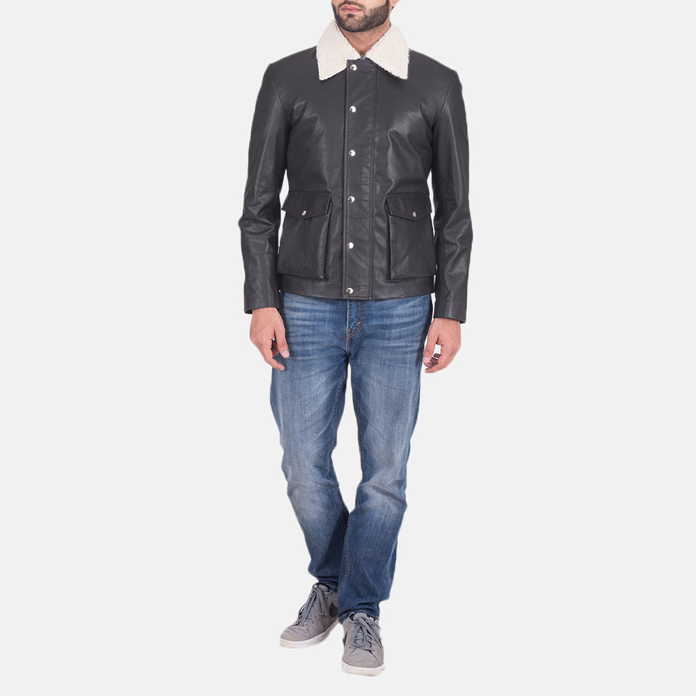 Detailansicht of Shirt style Faux Shearling Collar &amp; Zipper + Button Flap Hardware on Men's Snow Cole Schwarz Lederjacke für Herren