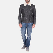 Detailansicht of Shirt style Faux Shearling Collar &amp; Zipper + Button Flap Hardware on Men's Snow Cole Schwarz Lederjacke für Herren